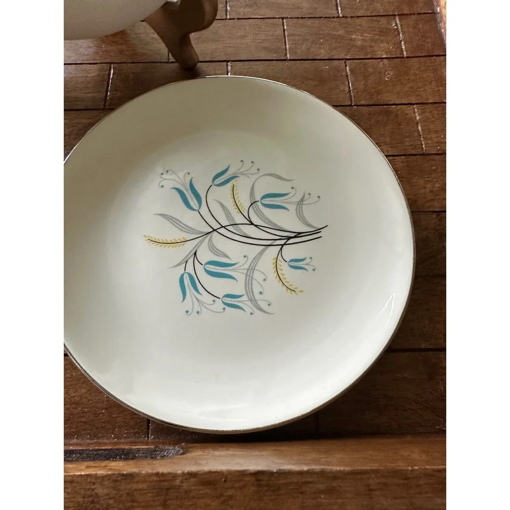 Homer Laughlin Rhythm Silver Wheat Salad Dessert Plates Set of 4 Teal MCM 7.25